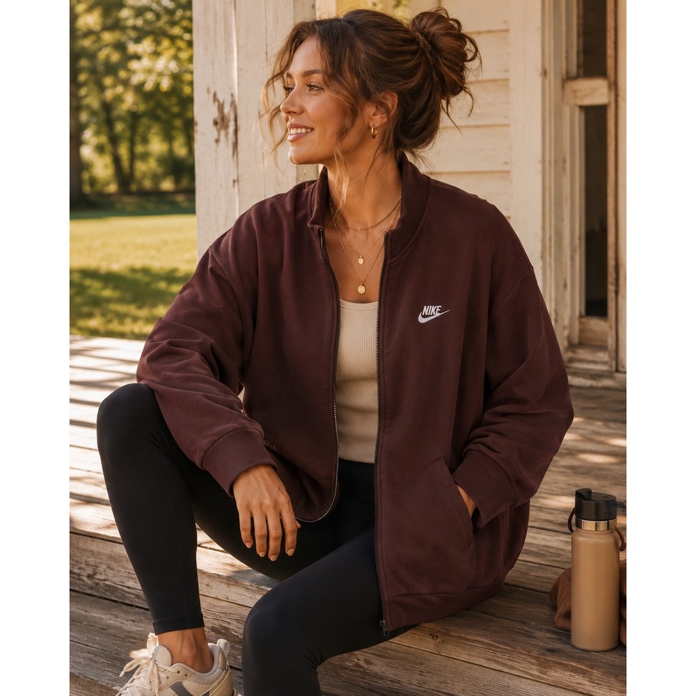 Nike Full Zip Jacket Size M Burgundy Oversized Fleece Mock Neck Athleisure Read